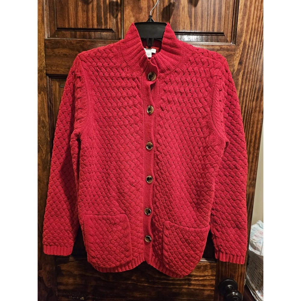 J Jill Women Red Chunky Waffle Knit Button Front Cardigan Sweater Small
